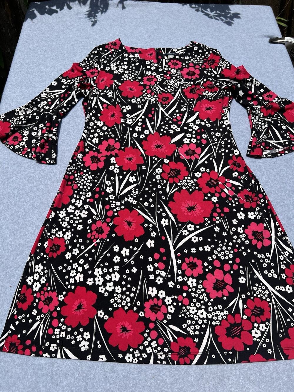 Tommy Hilfiger Floral Bell Sleeve Sheath Dress Black Pink Size 10 Career Midi